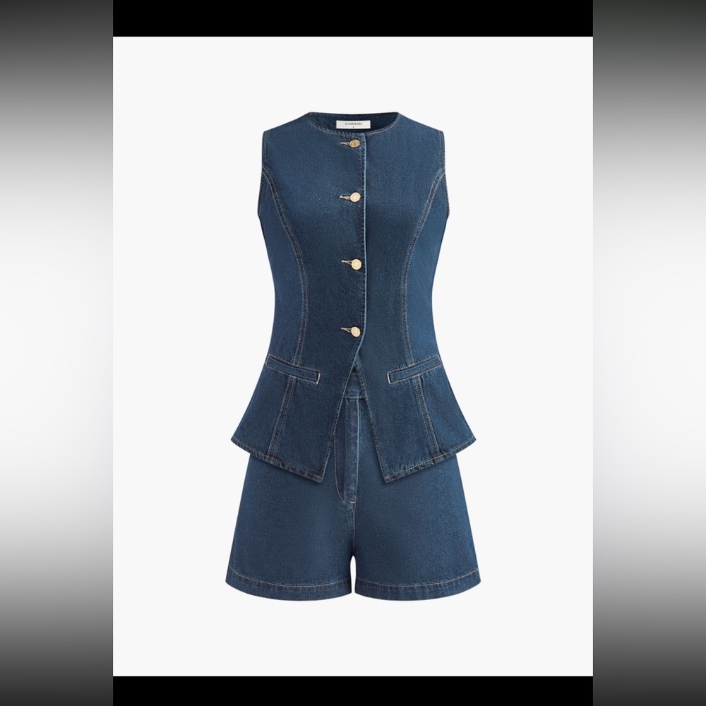 Commense Denim Peplum Vest With Shorts Set